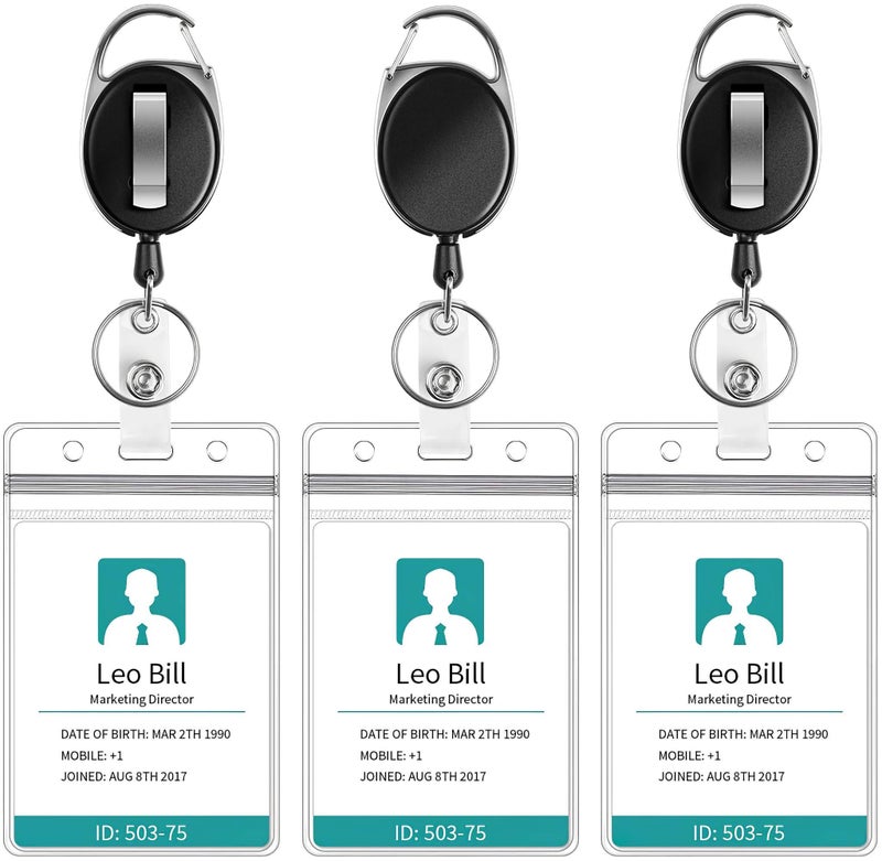 Puroma 3 Pack Badge Holder with Carabiner Badge Reel and Clip Retractable Heavy Duty, Clear ID Badge Holder with Waterproof Vertical Lanyard, Name Badge Holders with Key Ring for Card Holder Keychain - Image 1